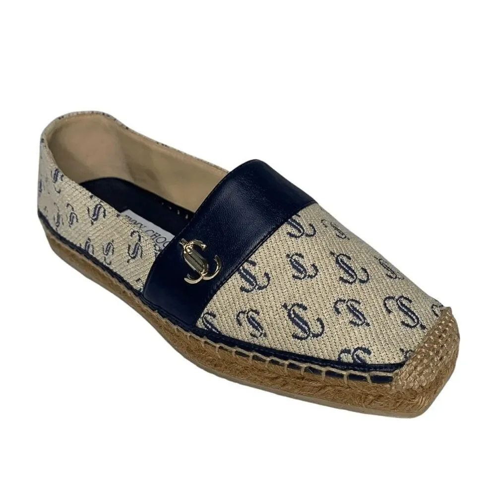 Jimmy Choo Dru Logo-Print Espadrilles EU 36.5 Monogram Canvas/Leather Flats